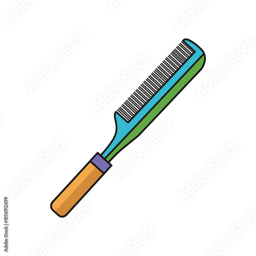 A colorful comb with a wooden handle for grooming hair.