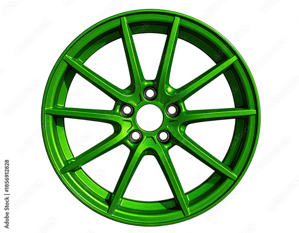 Obraz premium Glossy, vibrant green alloy wheel with ten spokes, isolated on a black background