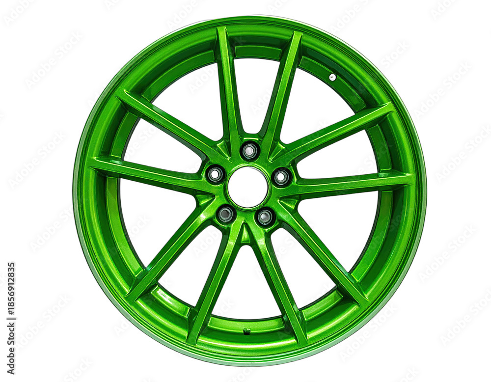 Obraz premium Bright green, multi-spoke automotive wheel, isolated on a black background, with shiny, metallic finish