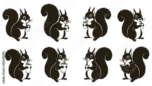 Squirrel holding coffee cup and reading book illustrations set of cute black and white squirrels in different poses for morning coffee and education concept isolated on white background graphics