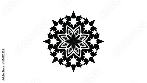 Intricate black and white floral mandala design with star shaped details