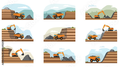 Mining operations illustrated dump trucks excavators and quarry landscapes in action