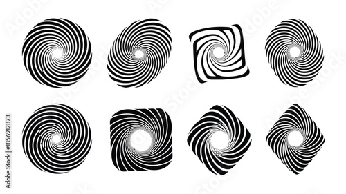 Abstract black and white spiral designs in various geometric shapes