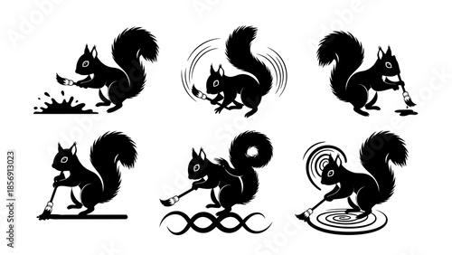 black squirrel silhouette painting with brush splashing paint water and swirling creating abstract art in various dynamic poses and artistic styles a set of playful and creative rodent graphics