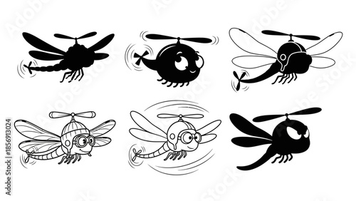 Collection of six black and white cartoon dragonfly helicopter characters different styles and emotions isolated on a white background vector illustration