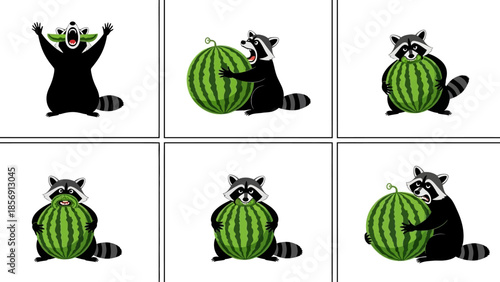 Collection of six cartoon raccoons holding a large watermelon various poses and facial expressions isolated on a white background vector illustration