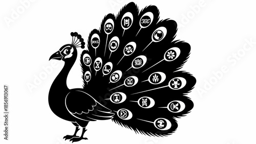 A majestic black peacock silhouette showcasing its fanned tail feathers, each adorned with a unique circular logo or emblem, symbolizing a collection of diverse brands or concepts