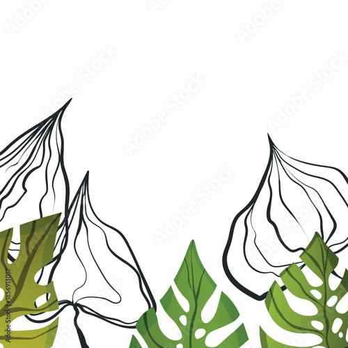 Floral frame with colorful exotic branches on white background. Ornate border with tropic leaves. Vector stock illustration for wallpaper, posters, card. Doodle style. Copy space.