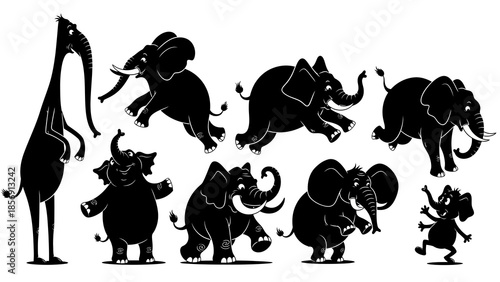 Collection of playful and dynamic black silhouette vector illustrations featuring various poses of happy and dancing elephants on white background