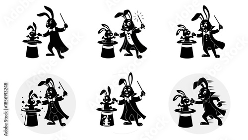 Rabbit magician character set showing magic tricks with small bunny in hat and wand illustrations of show performance acts and stage magic elements for kids entertainment design isolated on white