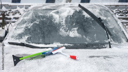 Preparing a car for a snowy winter trip. A car brush and scraper on a snow-covered car hood. Detail.