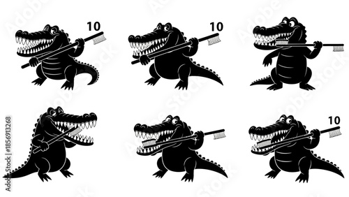Crocodile brushing teeth with giant toothbrush set of funny alligator dental hygiene characters showing daily teeth cleaning routine with number ten icons isolated on white background illustrations