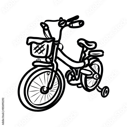 Kids bicycle, hand drawn line art. Simple vector illustration of childhood toy and outdoor activity