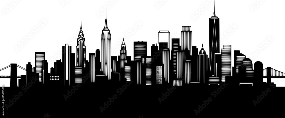 Obraz premium Transparent PNG available Detailed architectural line drawing of a modern city skyline with diverse skyscrapers and urban landscape