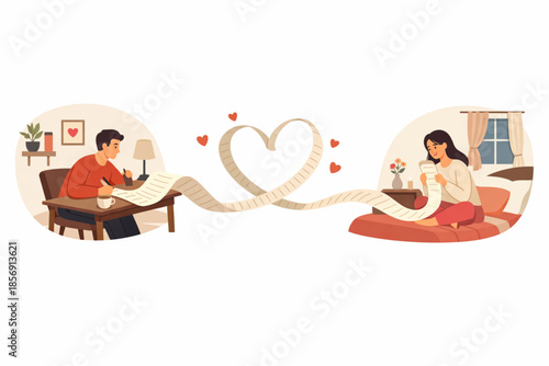Flat illustration of long distance relationship connected by love letter for Valentine’s Day