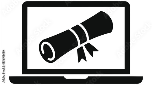 E-Learning Video, Online Certification Diploma Icon on Laptop Screen. Vector Illustration for Digital Education and Distance Learning Concepts.