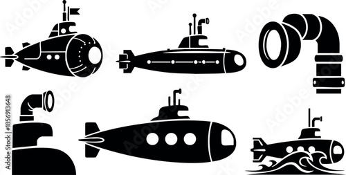 Submarine silhouette vector collection with periscope and underwater exploration elements in black and white design