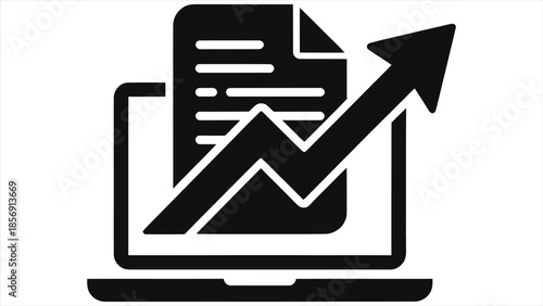 Online homework submission icon for e-learning. Laptop with document and rising graph arrow symbolizing academic progress, digital education growth, data analytics, and student performance tracking.