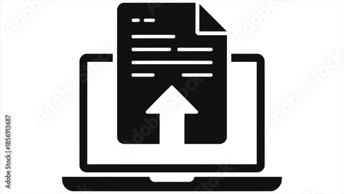 Upload file icon, laptop with document and arrow up, online homework submission, e-learning concept, digital education, internet assignment symbol, vector graphic for school and university.