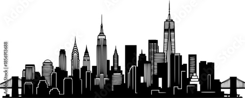 Transparent PNG available
Detailed architectural line drawing of a modern city skyline with diverse skyscrapers and urban landscape