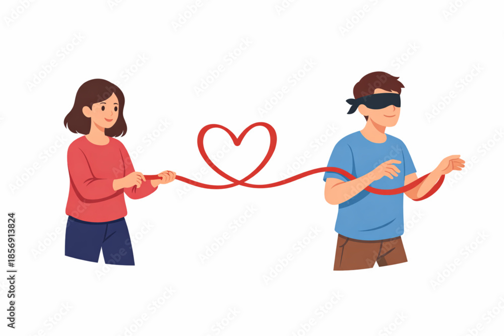 Obraz premium Flat illustration of person guiding another with heart ribbon symbolizing trust for Valentine’s Day