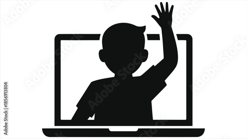 Student raising hand in virtual class on laptop screen silhouette icon. E-learning, online education, video conference, distance learning concept. Black vector illustration isolated on white 