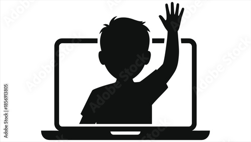 Silhouette of student raising hand in virtual class on laptop screen, e-learning video concept, online education illustration, digital classroom icon, remote learning symbol, tech in education.
