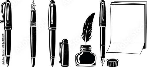 Vintage writing tools set with fountain pens ink bottle feather quill and paper sheet vector illustration