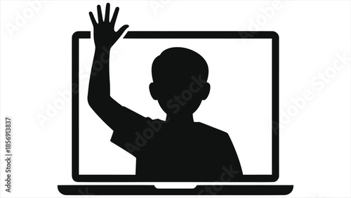 Online education concept – silhouette kid student raising hand on laptop screen in virtual classroom, e-learning distance school, remote lesson, digital class participation icon on white background 2D