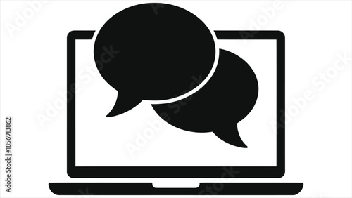 E-Learning Virtual Discussion Chat Icon - Laptop with Speech Bubbles for Online Learning, Collaboration, and Remote Communication