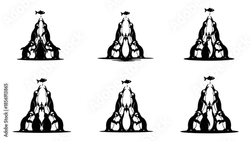 Pyramid formations of penguins balancing a fish on top illustrating teamwork cooperation and social animal hierarchy concepts