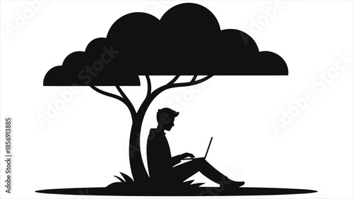 Silhouette of man studying with laptop under tree. Vector illustration of outdoor e-learning, remote work, and nature education concept. Freelance student working outside.