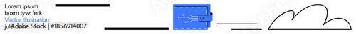 Fintech, online payments, digital transactions, cloud technology, data transfer, cybersecurity. Blue wallet icon with digital connections moving to a cloud. Fintech and online payments concept