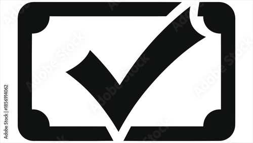 Digital Certificate Vector Icon with Checkmark. E-learning Verification Badge Symbol. Online Course Completion Achievement. Black Silhouette Approval Sign for Education, Business & Web Design.