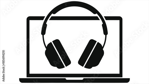 E-learning vector icon with headphones on laptop screen. Online education, distance learning, and webinar concept. Black silhouette symbol for digital audio study, remote work, and internet courses.