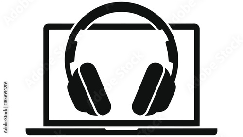 E-learning vector icon of headphones on laptop, online education and webinar concept, remote training, virtual classroom, digital course, distance learning, audio lesson, support, isolated on white 