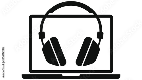 E-learning online education vector icon: headphones on laptop screen for remote learning, webinar, virtual classroom, digital training, elearning course, audio lesson, study