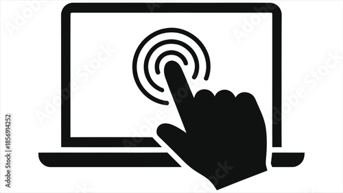 Interactive E-Learning Vector Icon. Hand Touching Laptop Screen for Online Education, Digital Training, and Webinars. Touch Screen Click Symbol for Remote Learning and User Interface Design.