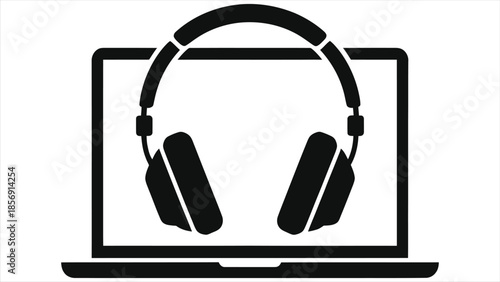 Headphones on laptop screen vector icon. E-learning, online education, and distance learning concept. Audio course, webinar, and podcast symbol. Black silhouette illustration for digital study.