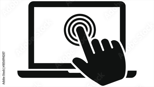 Interactive e-learning lesson vector icon: hand touch click on laptop screen, online education, digital training, LMS course, webinar, remote study, user interface, touchscreen, distance learning apps