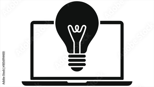E-learning Online Education Vector Icon with Light Bulb and Laptop for Creative Idea, Digital Learning, Distance Education, Remote Training, Web Course, Innovation, Knowledge, Study, and Technology.