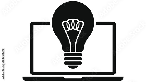 E-learning vector icon: Light bulb inside laptop screen symbolizing online education, digital knowledge, and creative innovation. Black silhouette for web design and technology concepts.