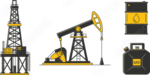 Flat style illustration of 5 Oil Industry items oil pumpjack barrel with drop symbol oil rig platform and gas canister