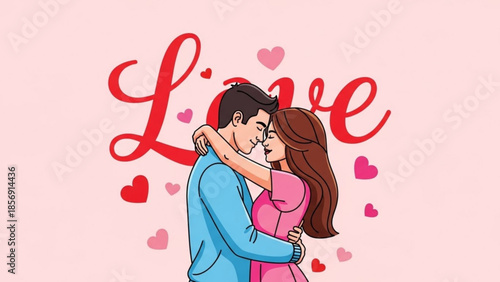 Young couple embracing, sharing romantic kiss with love hearts around