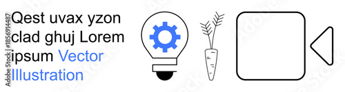 Innovation, technology, sustainable agriculture, media, creativity, food tech. A gear inside a lightbulb, a carrot and media player symbols. Technology and sustainable agriculture concept