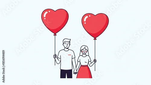 Young couple holding heart shaped balloons romantic love relationship