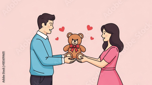 Man giving woman teddy bear with hearts around on pink background