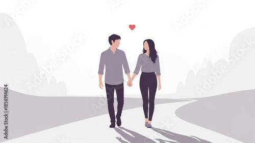 Young loving couple holding hands walking on road with heart above them
