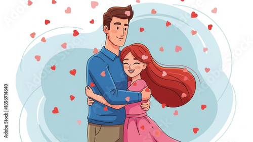 Loving couple embracing warmly with hearts floating around them romantically