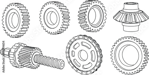 Outline illustration set of 6 Gear Cogs different mechanical gear wheels and machine sprockets